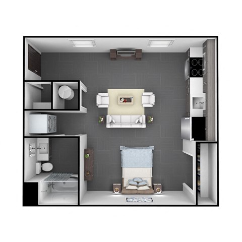 Floor plan for studio, 1 bath, 566 sqft